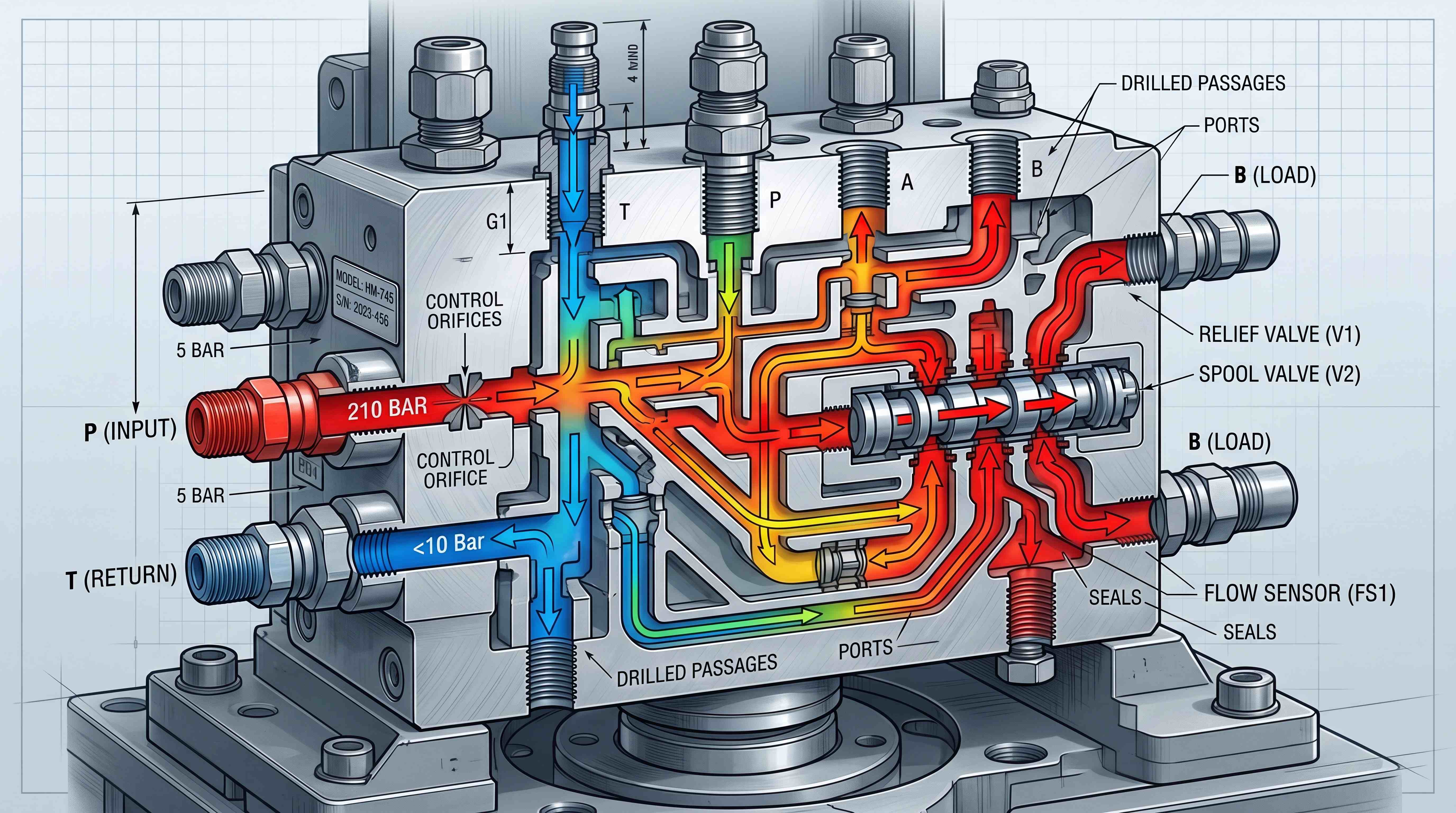 Cutaway hydraulic manifold showing internal drilled passages, pressure inlet, tank return, control orifices, relief valve, spool valve and flow sensor ports